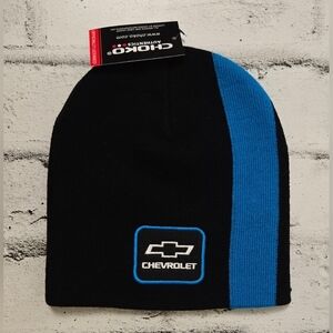 Chevrolet Knit Beanie Black Blue Stripe Logo Hat NWT